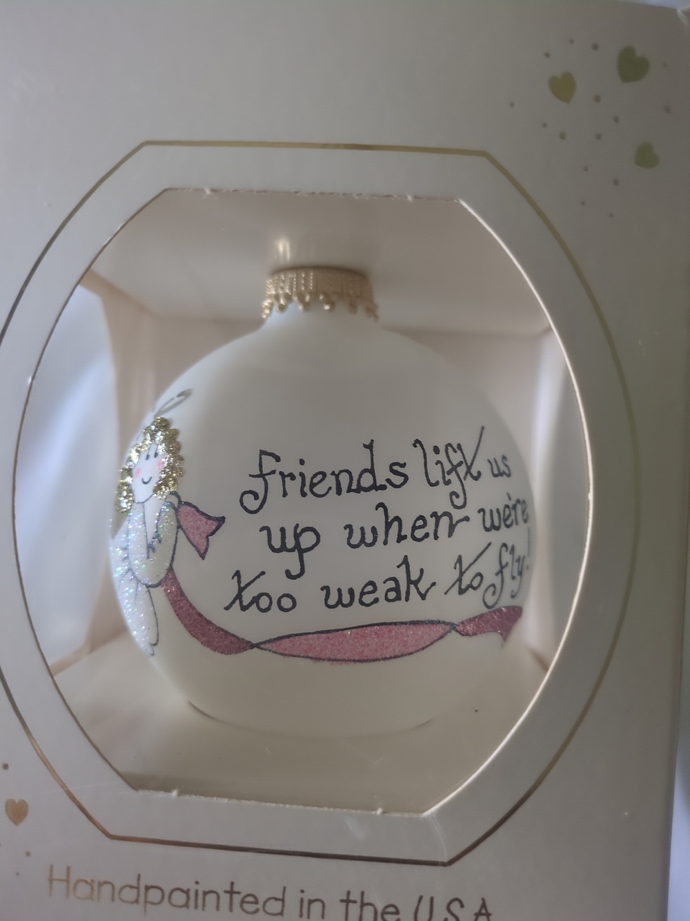 Handpainted White Holiday Ornament with Pink Ribbon and Angel